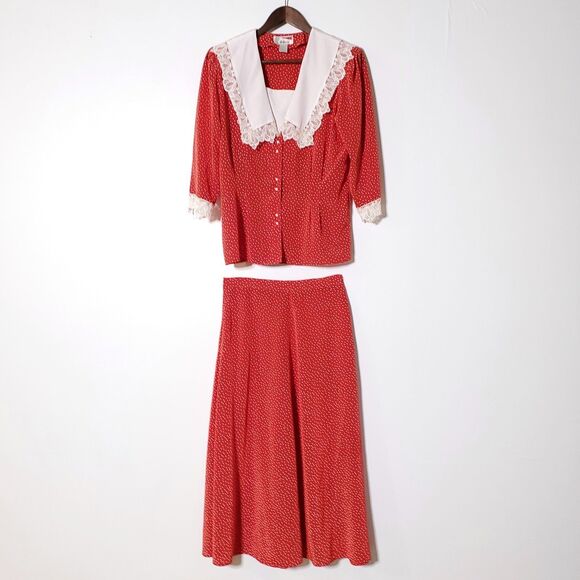 Vintage Dresses & Skirts - 80s 70s Vintage Polka-Dot Lace Shawl Collar Skirt Set 2 Piece